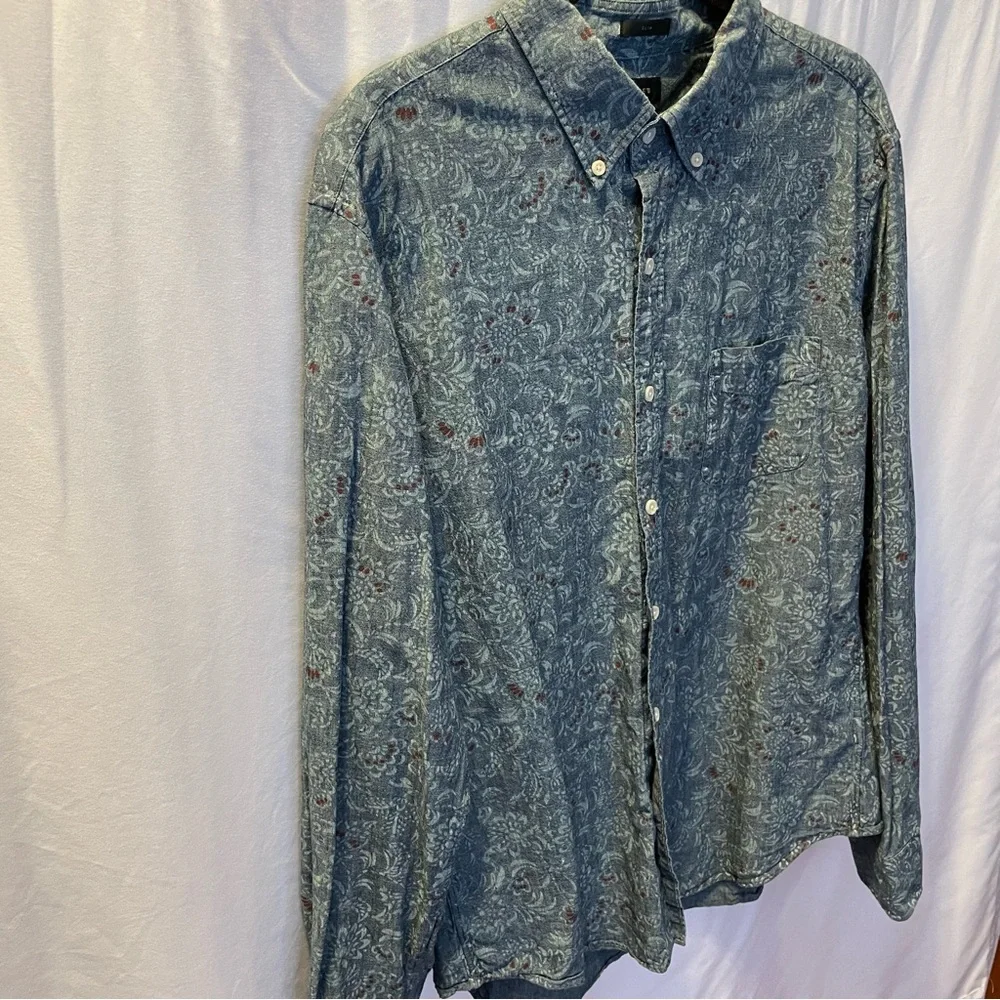 J Crew Men's Slim Fit Blue Floral Paisley Button Down Cotton Dress Shirt Size XL